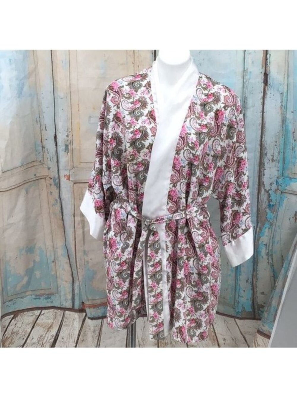 Victoria Secret Womans Vtg 80/90's Gold Label Rose Bloom Robe Cream Pink Paisley